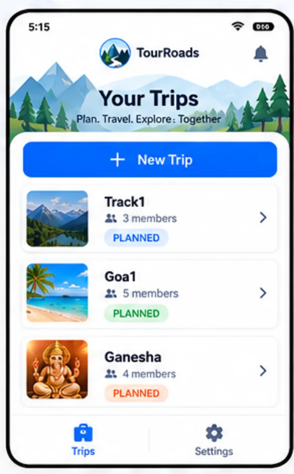 TourRoads Your Trips screen